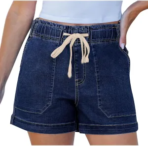 Women's Casual Fashion Denim Shorts High Waisted Short Jeans Stretchy Drawstring Elastic Waist Shorts