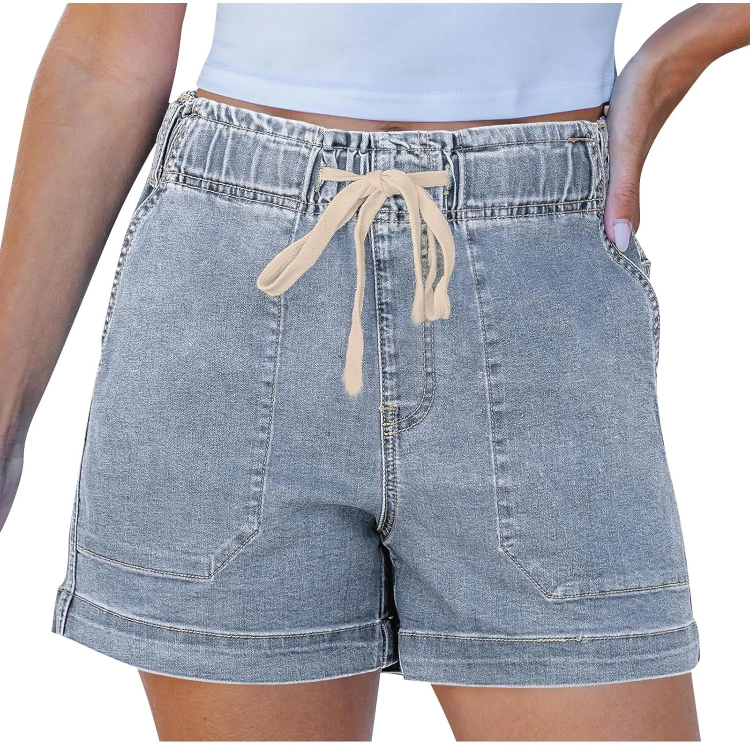 Women's Casual Fashion Denim Shorts High Waisted Short Jeans Stretchy Drawstring Elastic Waist Shorts