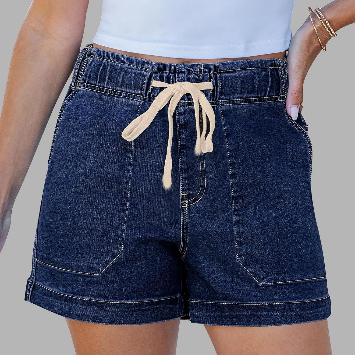 Women's Casual Fashion Denim Shorts High Waisted Short Jeans Stretchy Drawstring Elastic Waist Shorts