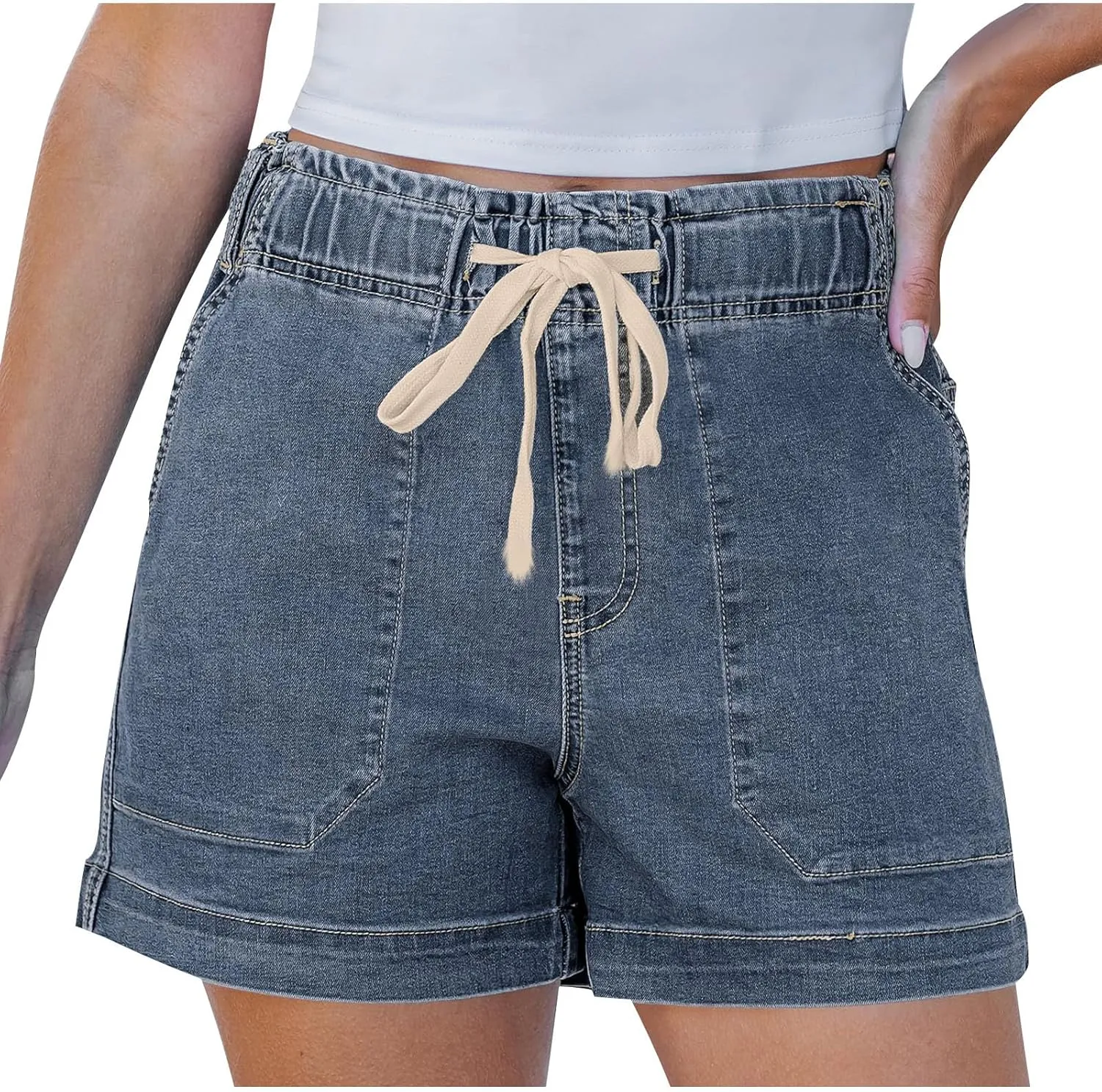 Women's Casual Fashion Denim Shorts High Waisted Short Jeans Stretchy Drawstring Elastic Waist Shorts