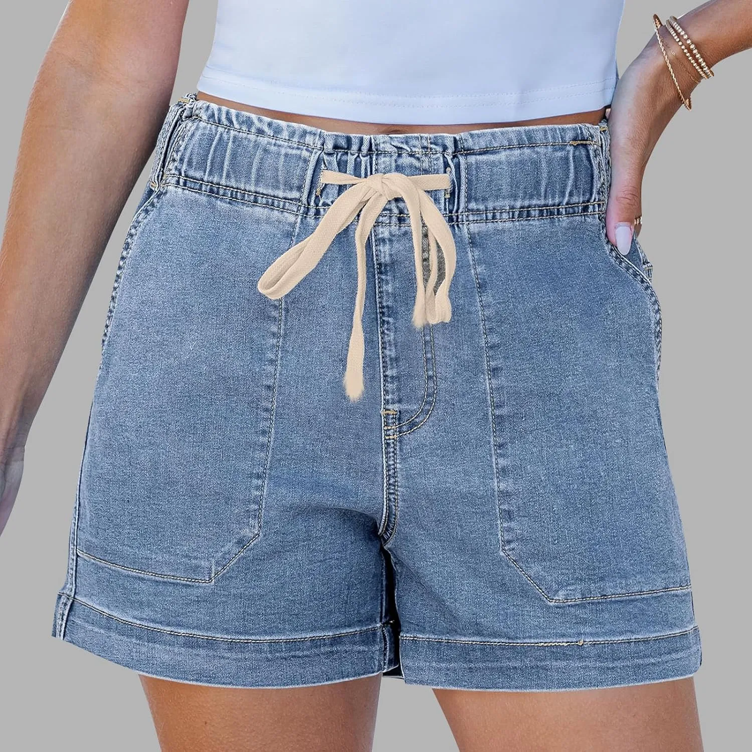 Women's Casual Fashion Denim Shorts High Waisted Short Jeans Stretchy Drawstring Elastic Waist Shorts