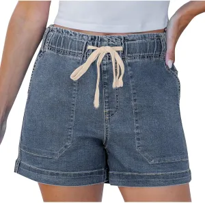 Women's Casual Fashion Denim Shorts High Waisted Short Jeans Stretchy Drawstring Elastic Waist Shorts