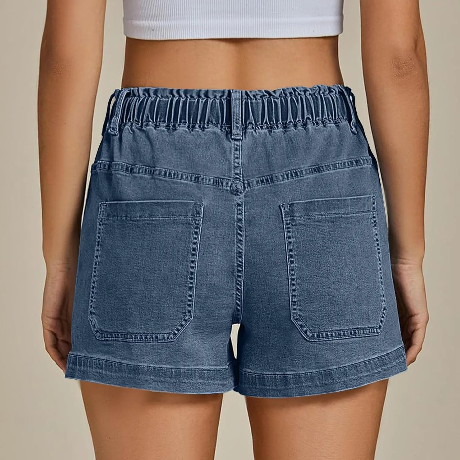 Women's Casual Fashion Denim Shorts High Waisted Short Jeans Stretchy Drawstring Elastic Waist Shorts