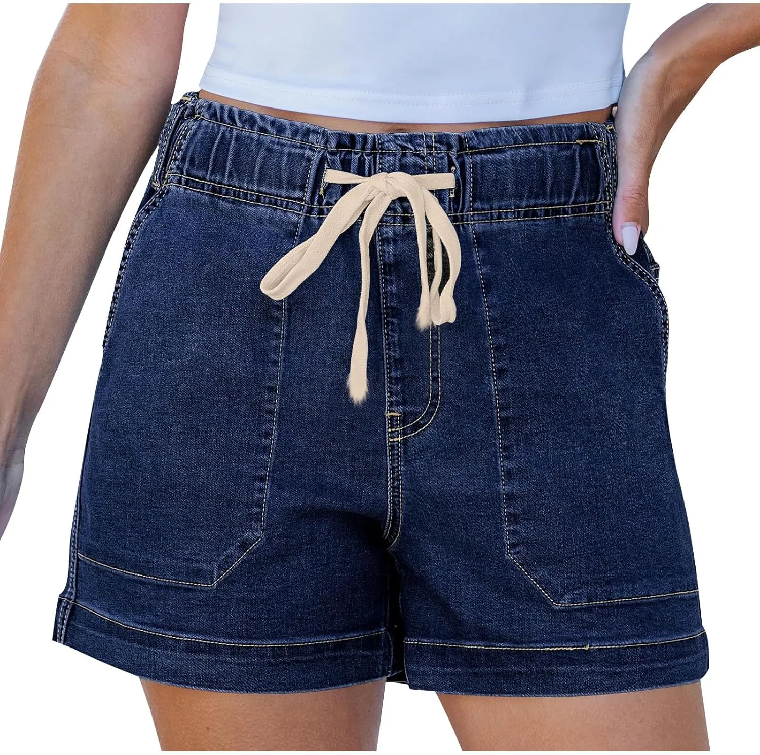 Women's Casual Fashion Denim Shorts High Waisted Short Jeans Stretchy Drawstring Elastic Waist Shorts