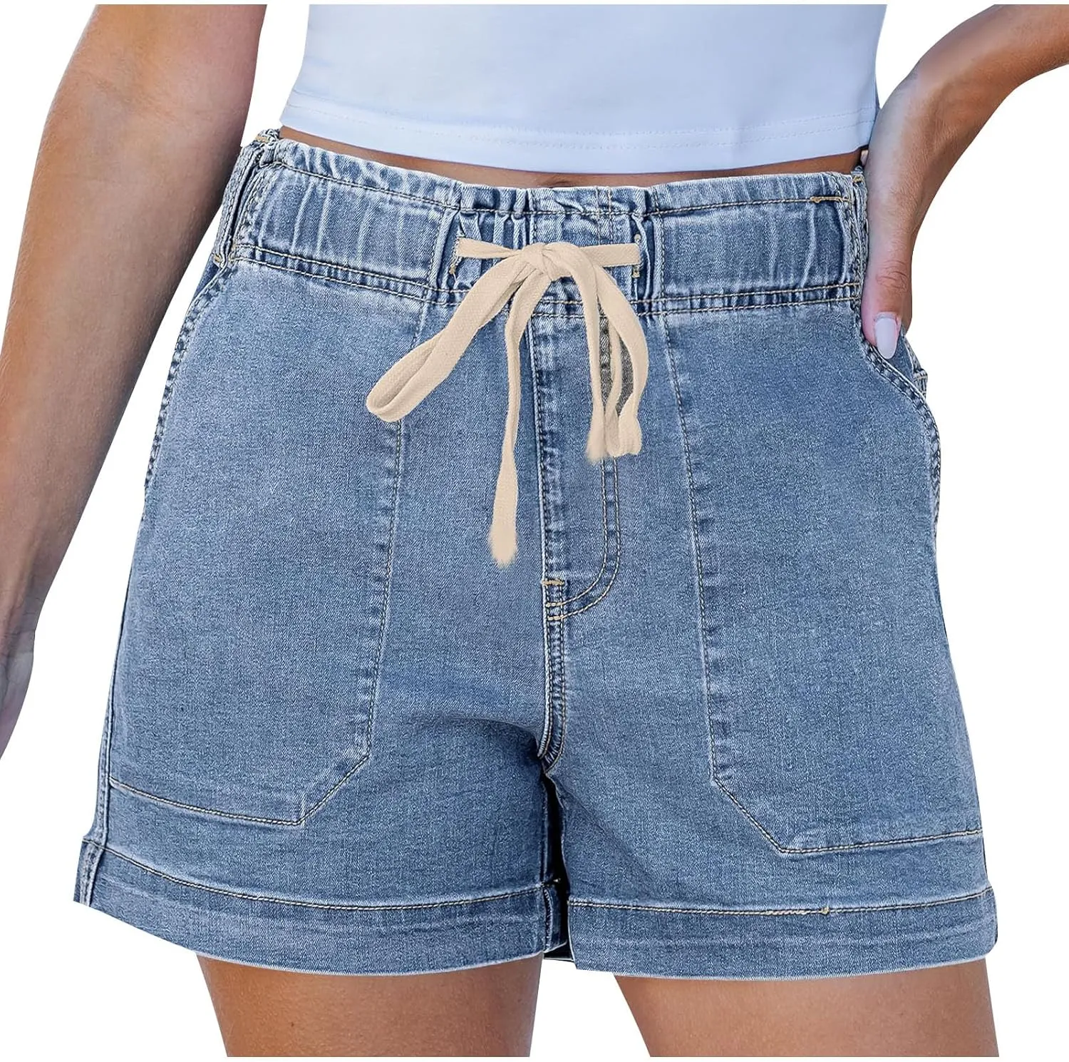 Women's Casual Fashion Denim Shorts High Waisted Short Jeans Stretchy Drawstring Elastic Waist Shorts