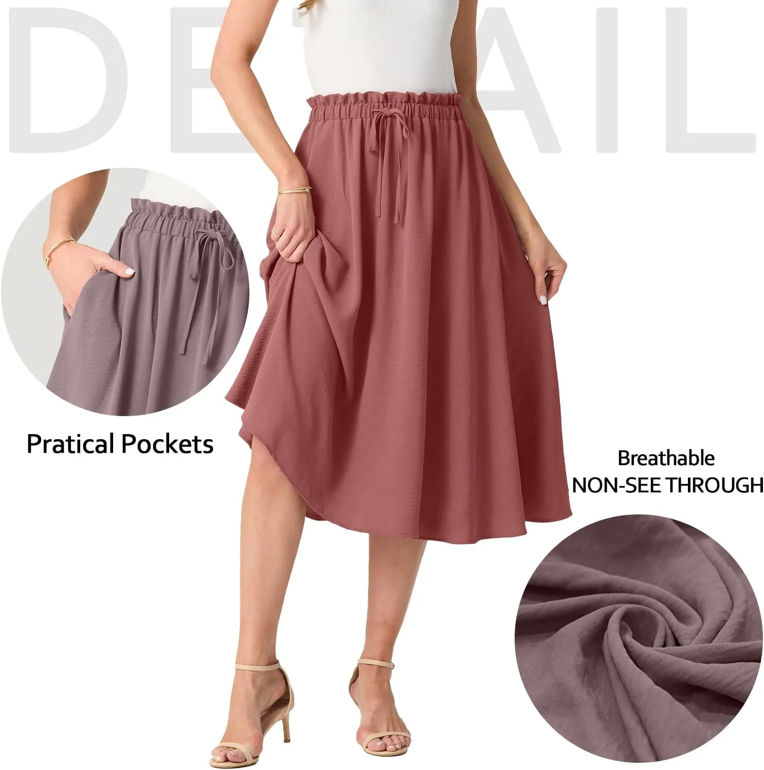 Womens Causal High Waisted Summer Midi Skirts Flowy Palazzo A-Line Long Skirt with Pockets