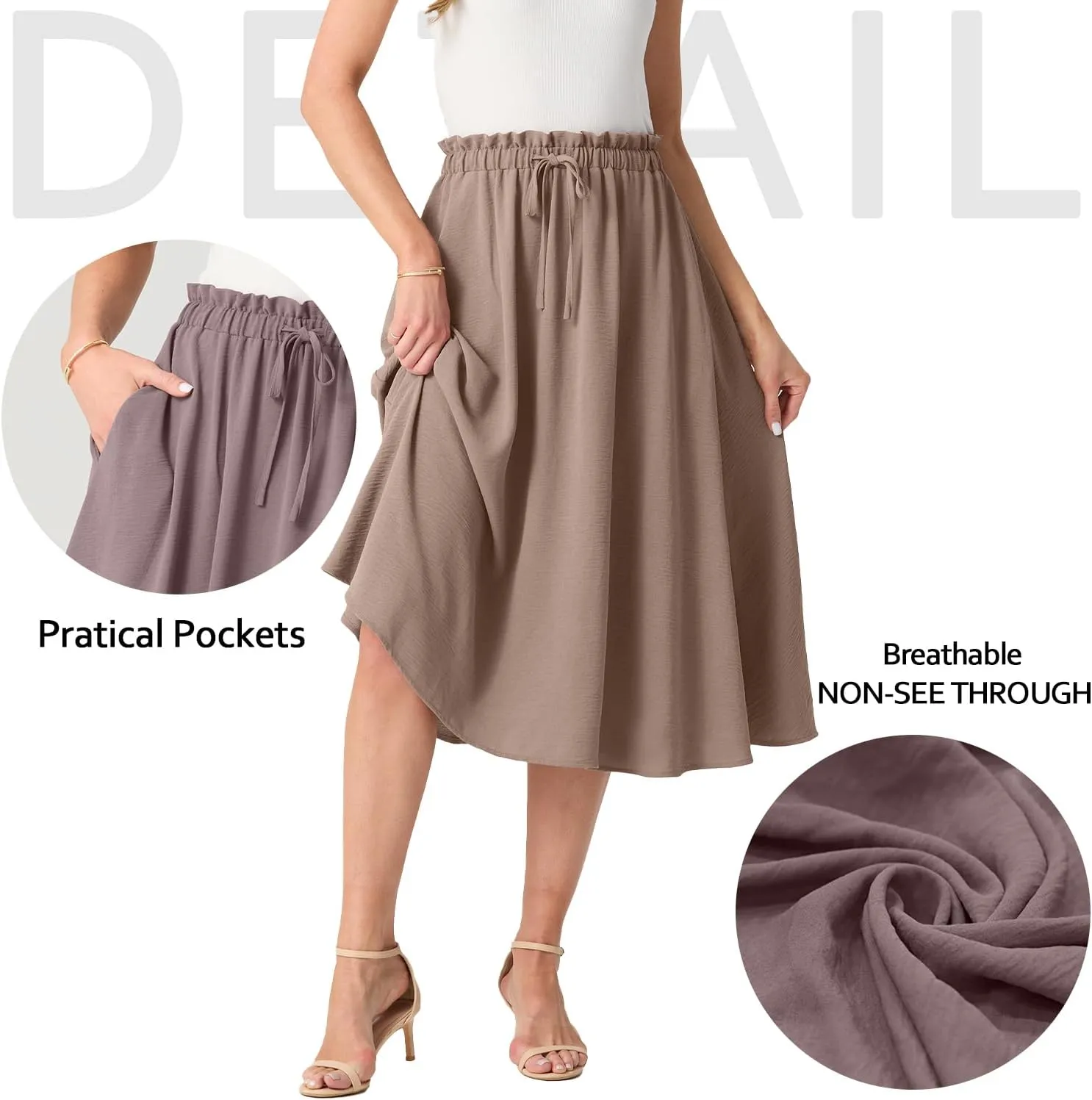 Womens Causal High Waisted Summer Midi Skirts Flowy Palazzo A-Line Long Skirt with Pockets
