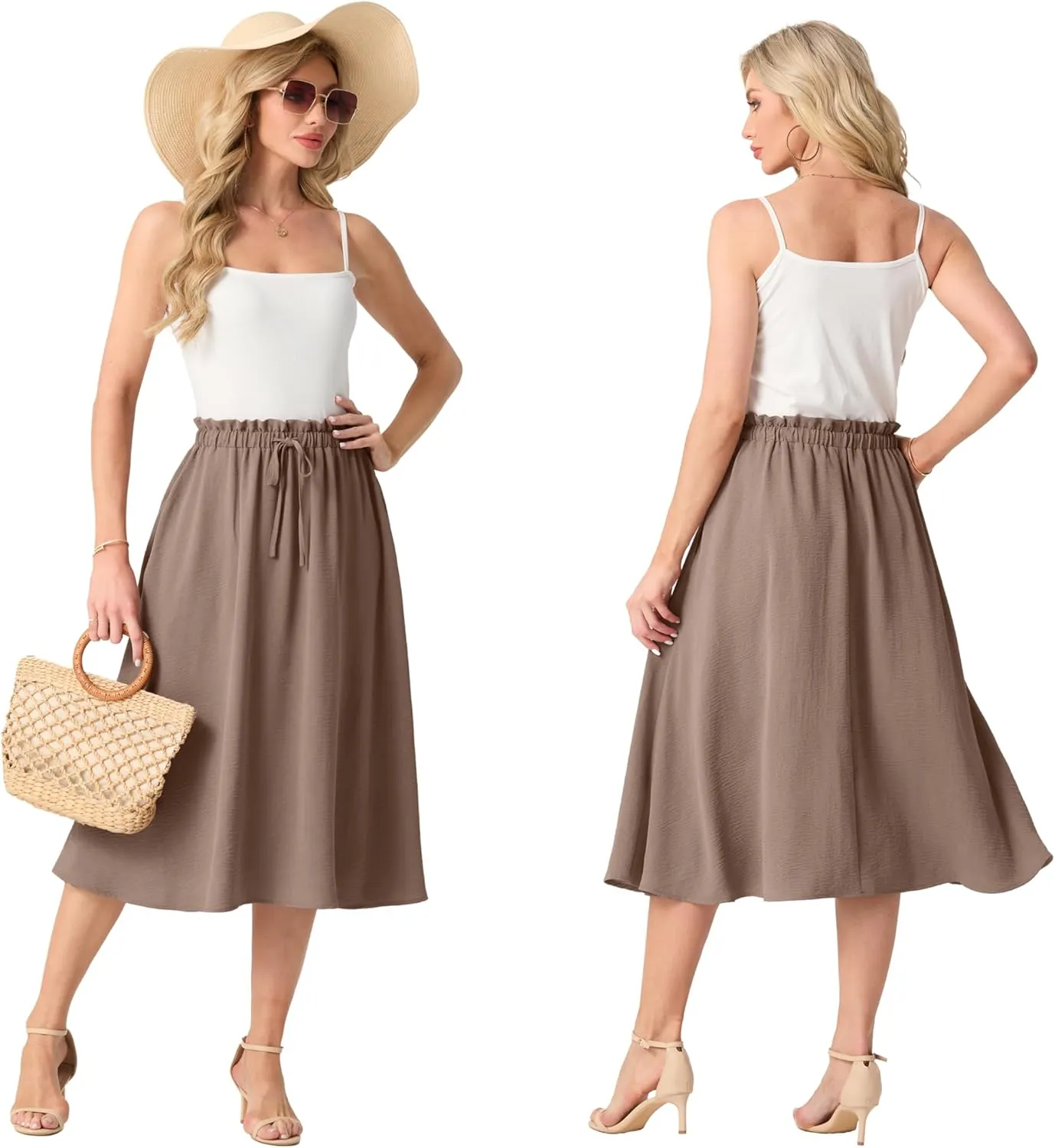 Womens Causal High Waisted Summer Midi Skirts Flowy Palazzo A-Line Long Skirt with Pockets