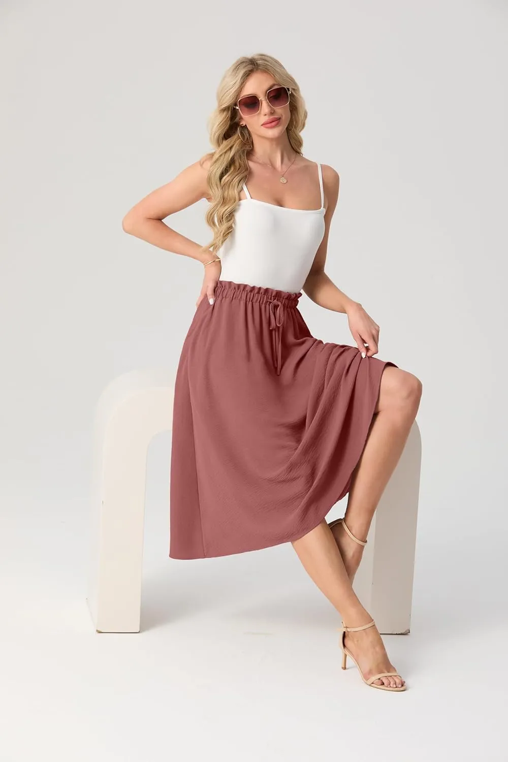 Womens Causal High Waisted Summer Midi Skirts Flowy Palazzo A-Line Long Skirt with Pockets