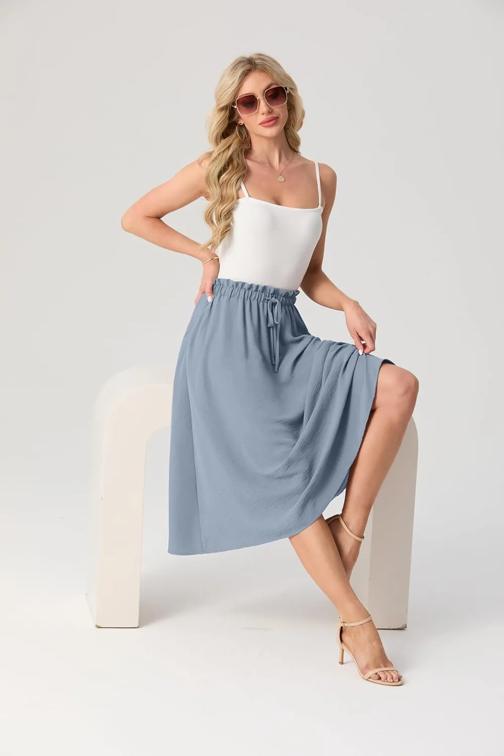 Womens Causal High Waisted Summer Midi Skirts Flowy Palazzo A-Line Long Skirt with Pockets