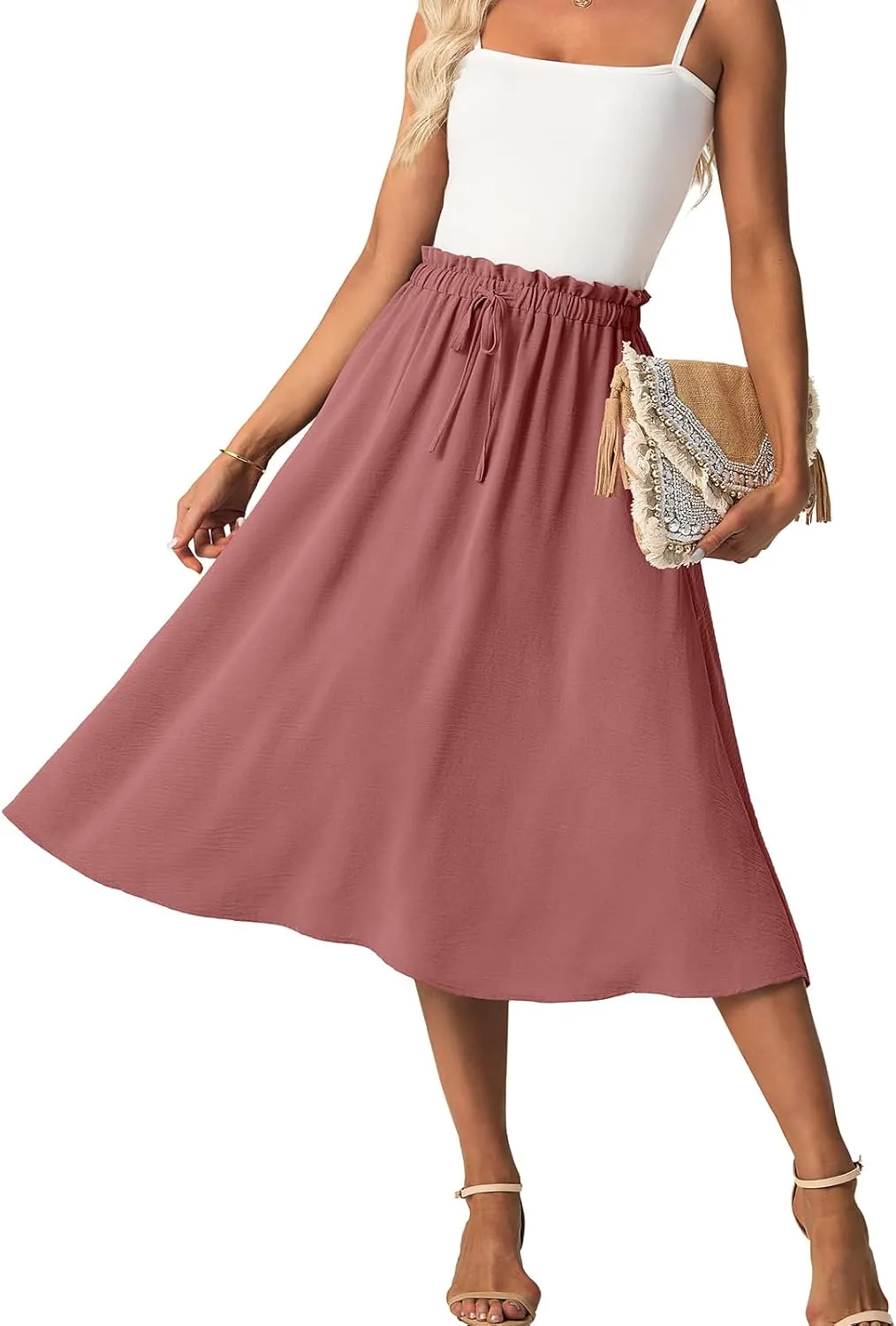 Womens Causal High Waisted Summer Midi Skirts Flowy Palazzo A-Line Long Skirt with Pockets