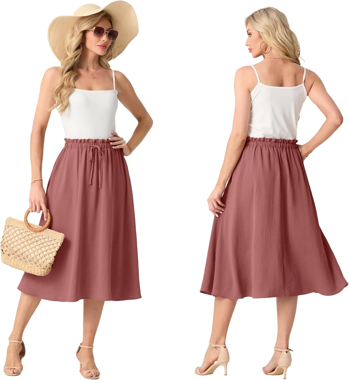 Womens Causal High Waisted Summer Midi Skirts Flowy Palazzo A-Line Long Skirt with Pockets