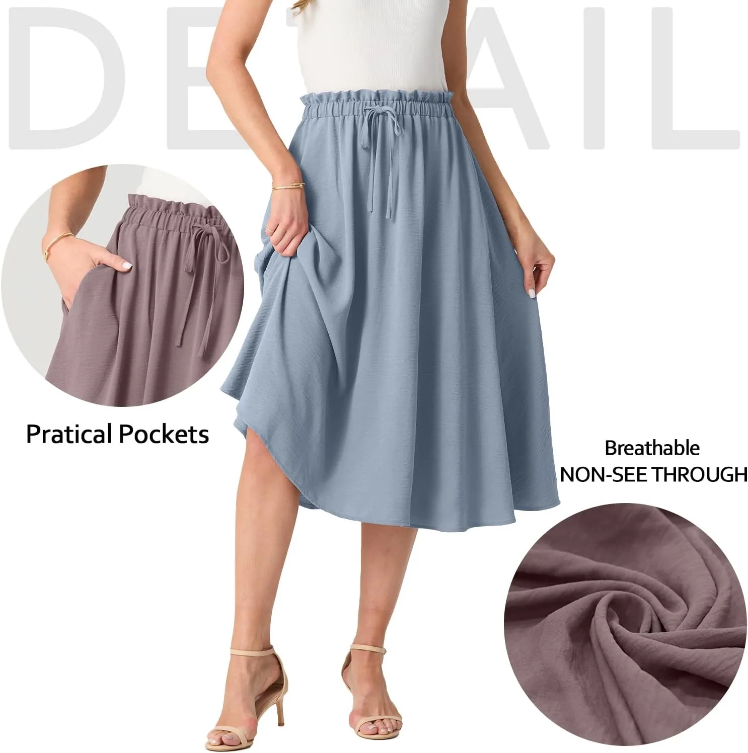 Womens Causal High Waisted Summer Midi Skirts Flowy Palazzo A-Line Long Skirt with Pockets