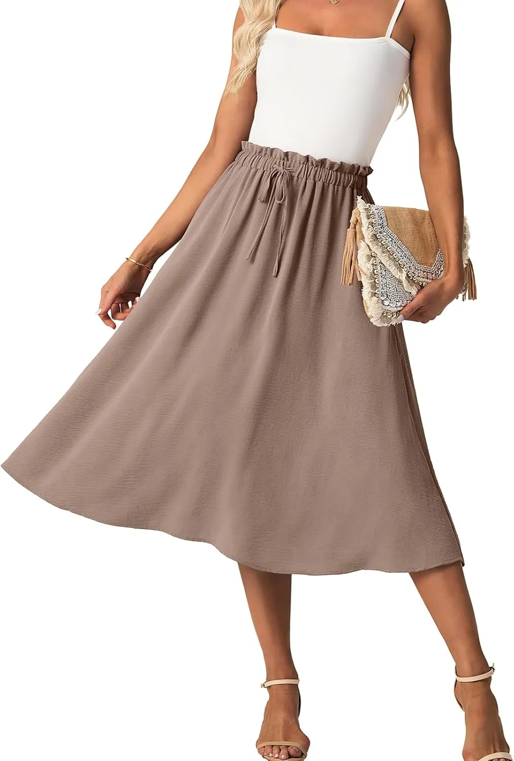 Womens Causal High Waisted Summer Midi Skirts Flowy Palazzo A-Line Long Skirt with Pockets