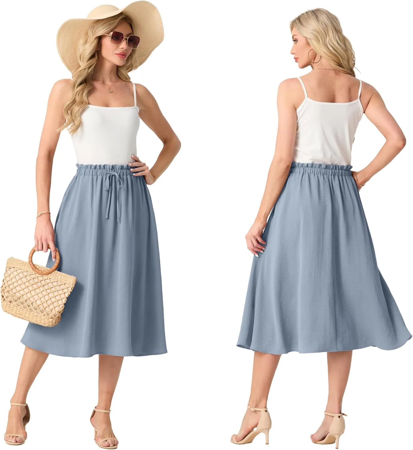 Womens Causal High Waisted Summer Midi Skirts Flowy Palazzo A-Line Long Skirt with Pockets