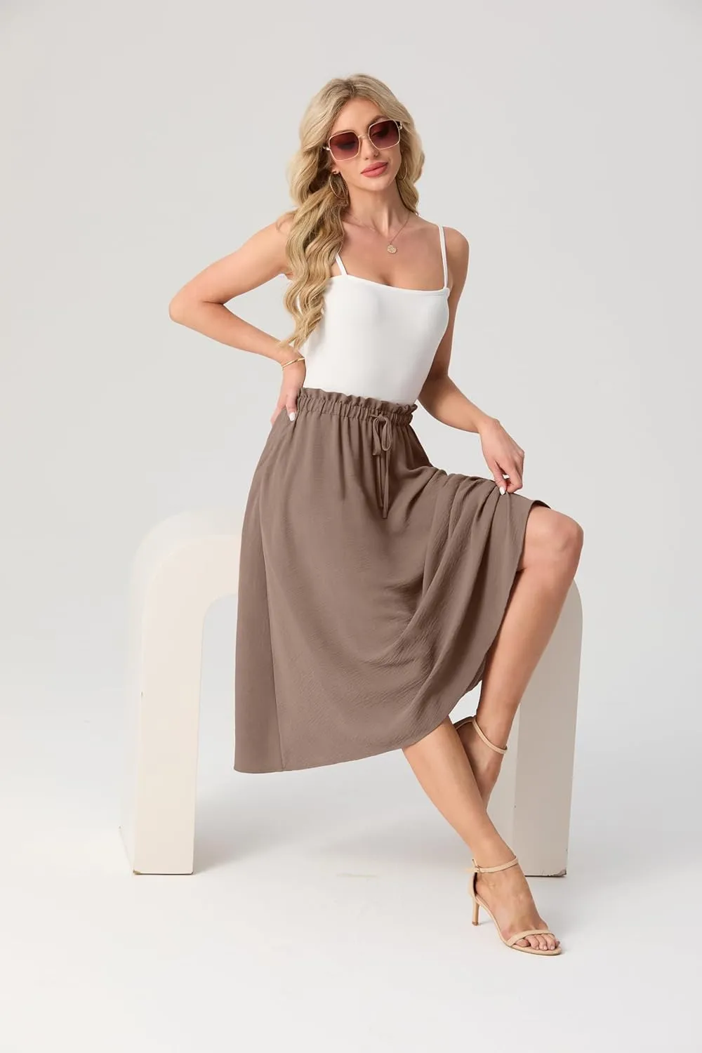 Womens Causal High Waisted Summer Midi Skirts Flowy Palazzo A-Line Long Skirt with Pockets