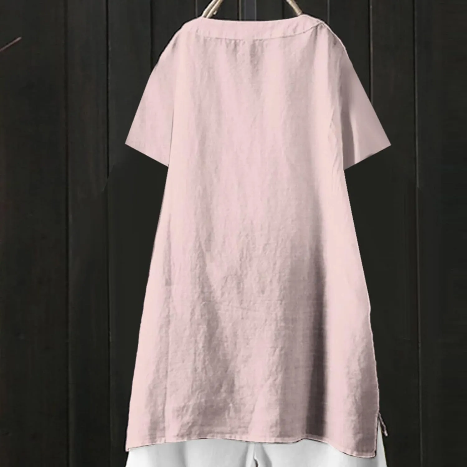 Womens Cotton Linen Shirts Solid Color 3/4 Sleeve Tunic Tops Oversized Tshirts for Women Casual V Neck Dressy Blouses