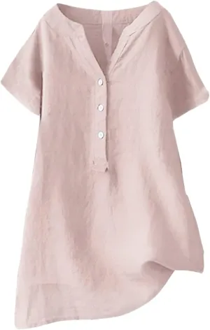 Womens Cotton Linen Shirts Solid Color 3/4 Sleeve Tunic Tops Oversized Tshirts for Women Casual V Neck Dressy Blouses