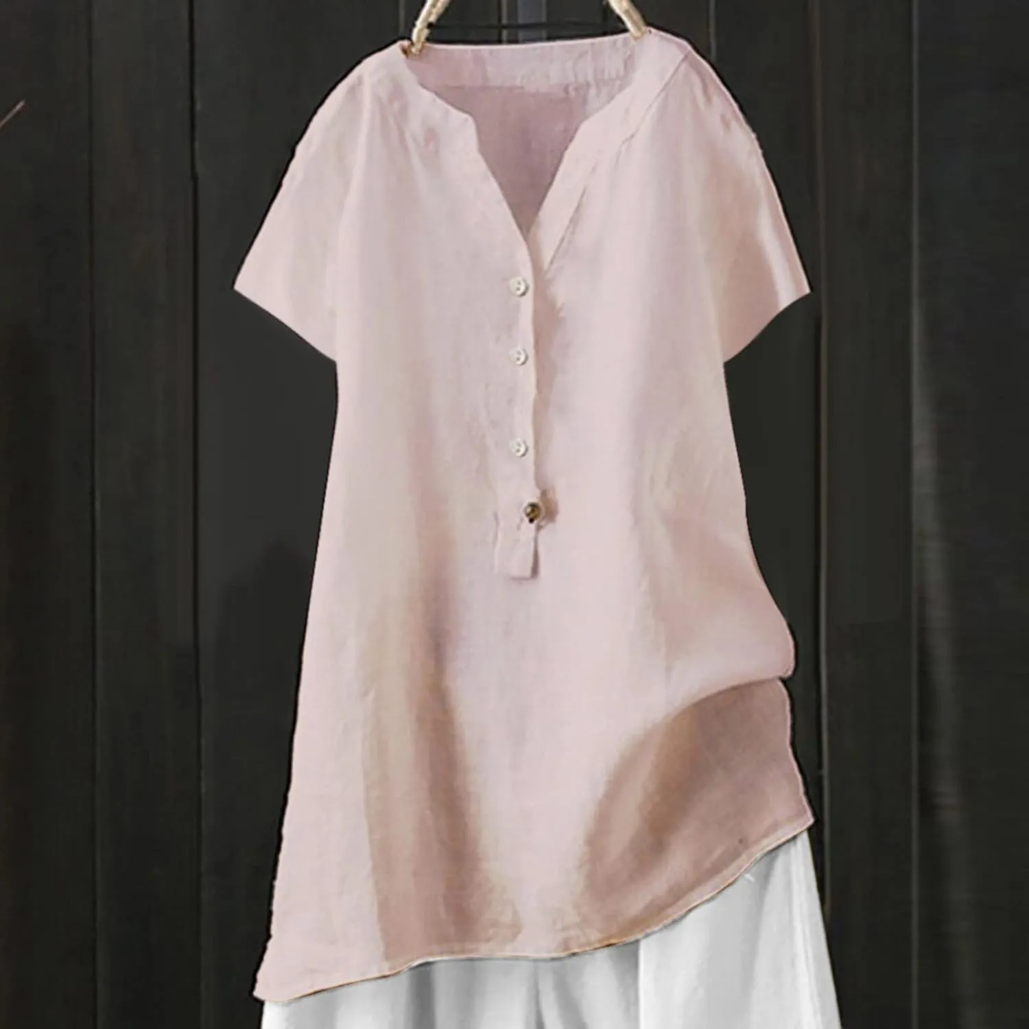 Womens Cotton Linen Shirts Solid Color 3/4 Sleeve Tunic Tops Oversized Tshirts for Women Casual V Neck Dressy Blouses