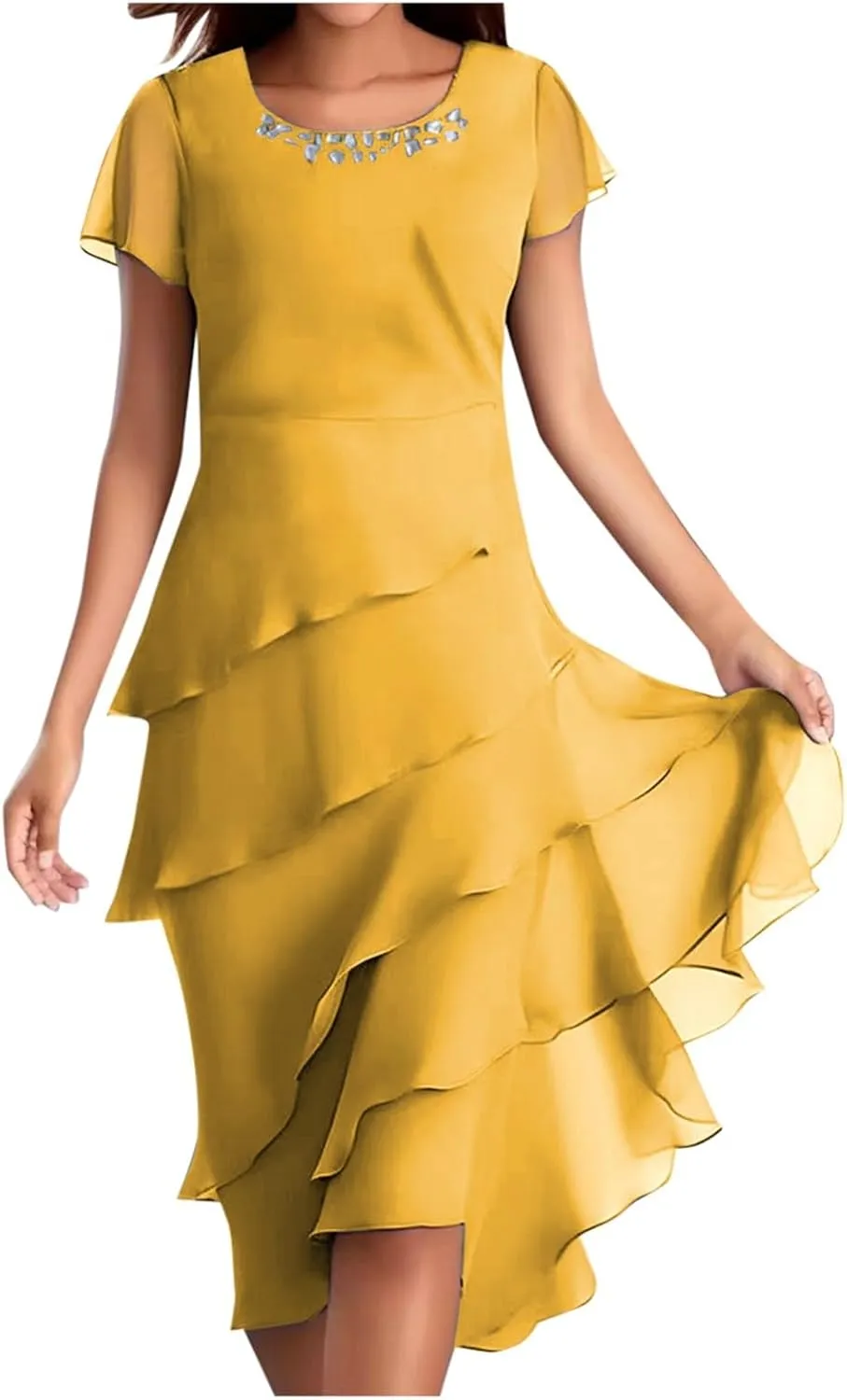 Women's Dress 2025 Summer Elegant Short Sleeve Knee Length Flowy Cocktail Dresses Layered Chiffon Wedding Guests Dresses
