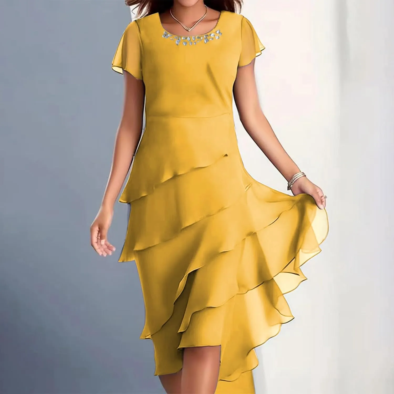 Women's Dress 2025 Summer Elegant Short Sleeve Knee Length Flowy Cocktail Dresses Layered Chiffon Wedding Guests Dresses