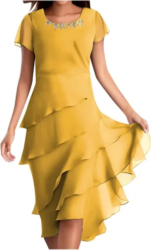 Women's Dress 2025 Summer Elegant Short Sleeve Knee Length Flowy Cocktail Dresses Layered Chiffon Wedding Guests Dresses