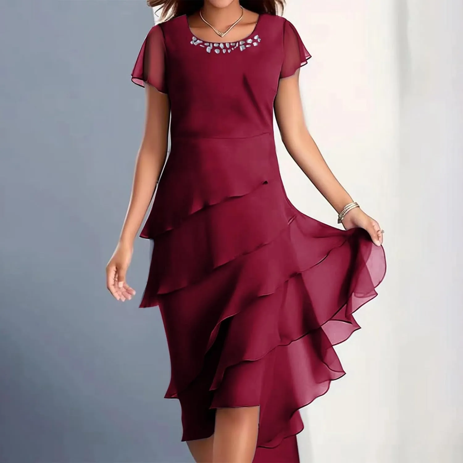 Women's Dress 2025 Summer Elegant Short Sleeve Knee Length Flowy Cocktail Dresses Layered Chiffon Wedding Guests Dresses