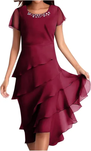 Women's Dress 2025 Summer Elegant Short Sleeve Knee Length Flowy Cocktail Dresses Layered Chiffon Wedding Guests Dresses