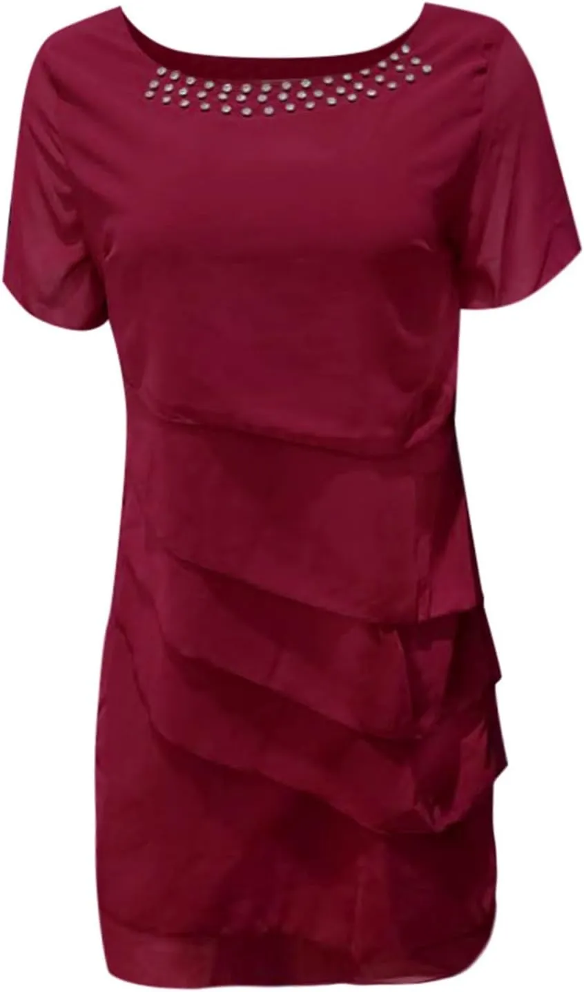 Women's Dress 2025 Summer Elegant Short Sleeve Knee Length Flowy Cocktail Dresses Layered Chiffon Wedding Guests Dresses