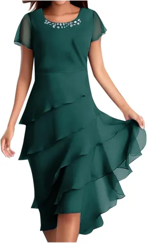 Women's Dress 2025 Summer Elegant Short Sleeve Knee Length Flowy Cocktail Dresses Layered Chiffon Wedding Guests Dresses