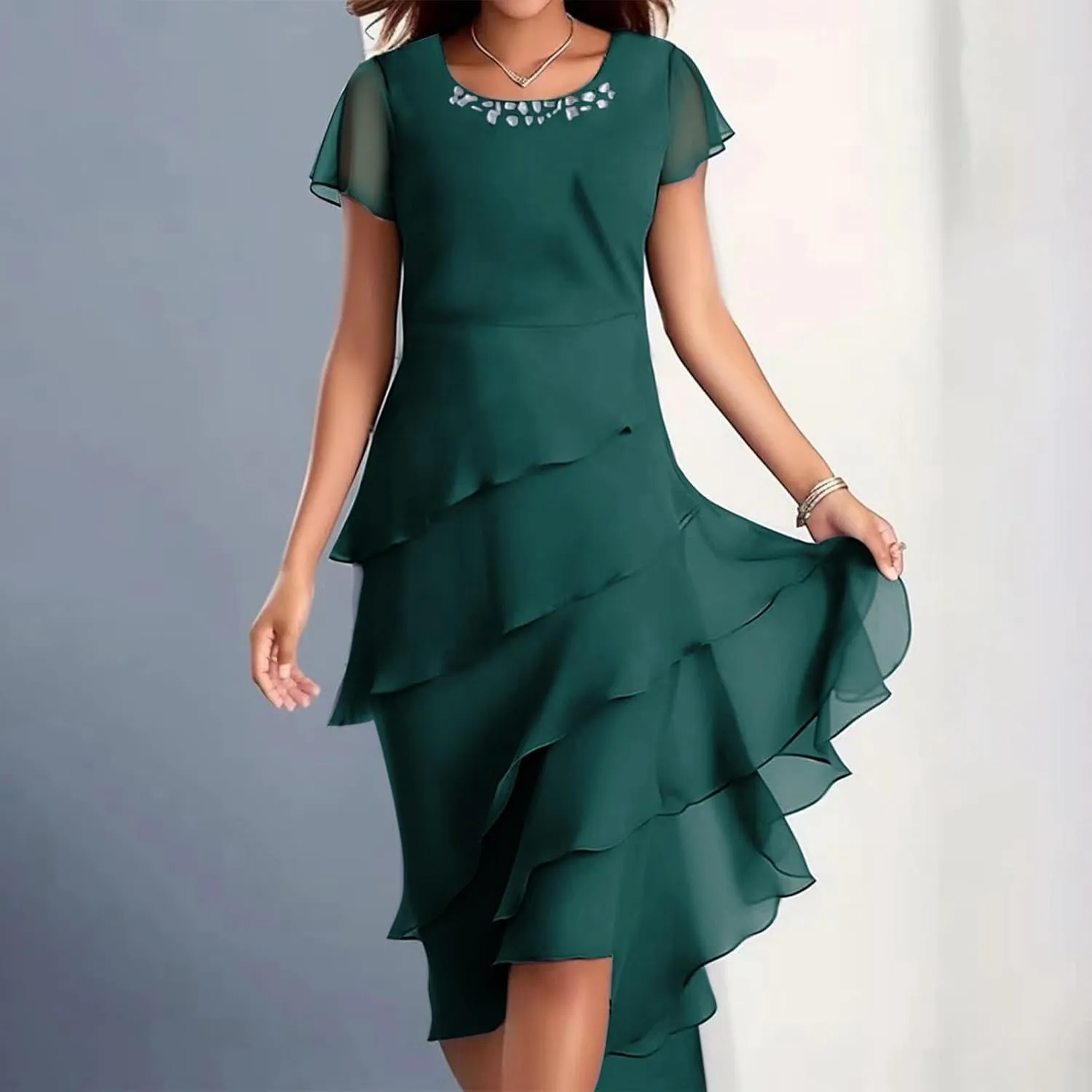 Women's Dress 2025 Summer Elegant Short Sleeve Knee Length Flowy Cocktail Dresses Layered Chiffon Wedding Guests Dresses