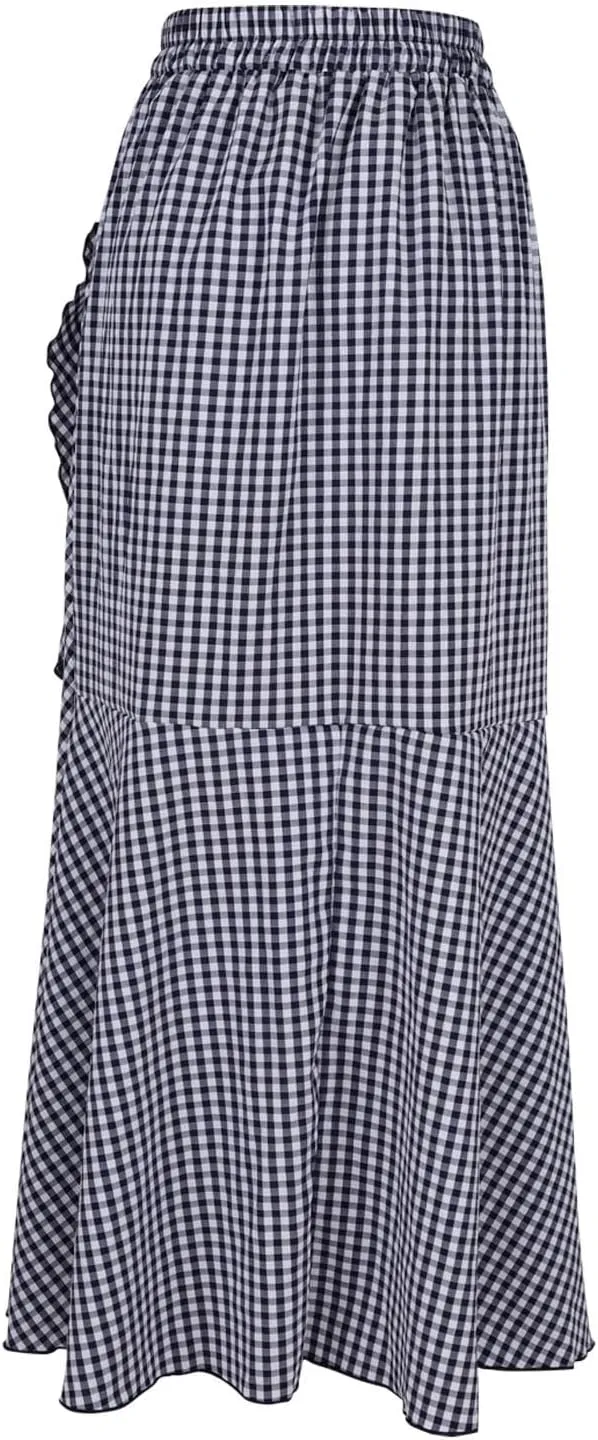 Women's Dressy Plaid Mermaid Maxi Skirt Bowtie High Waist A Line Skirts Flowy Wrap Ruffle Hem Fishtail Long Skirt