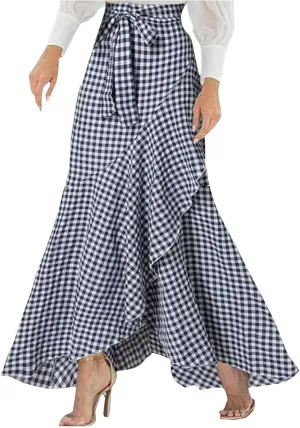 Women's Dressy Plaid Mermaid Maxi Skirt Bowtie High Waist A Line Skirts Flowy Wrap Ruffle Hem Fishtail Long Skirt
