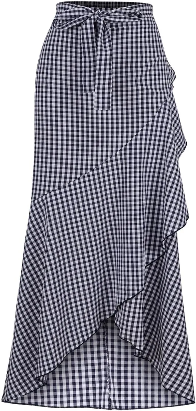 Women's Dressy Plaid Mermaid Maxi Skirt Bowtie High Waist A Line Skirts Flowy Wrap Ruffle Hem Fishtail Long Skirt