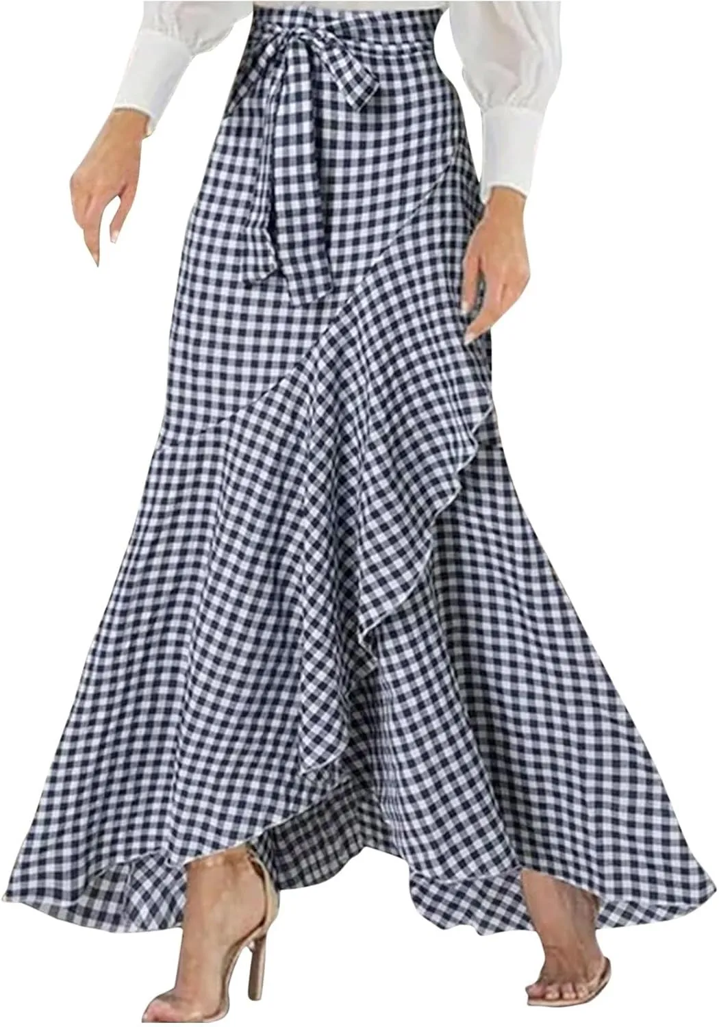 Women's Dressy Plaid Mermaid Maxi Skirt Bowtie High Waist A Line Skirts Flowy Wrap Ruffle Hem Fishtail Long Skirt