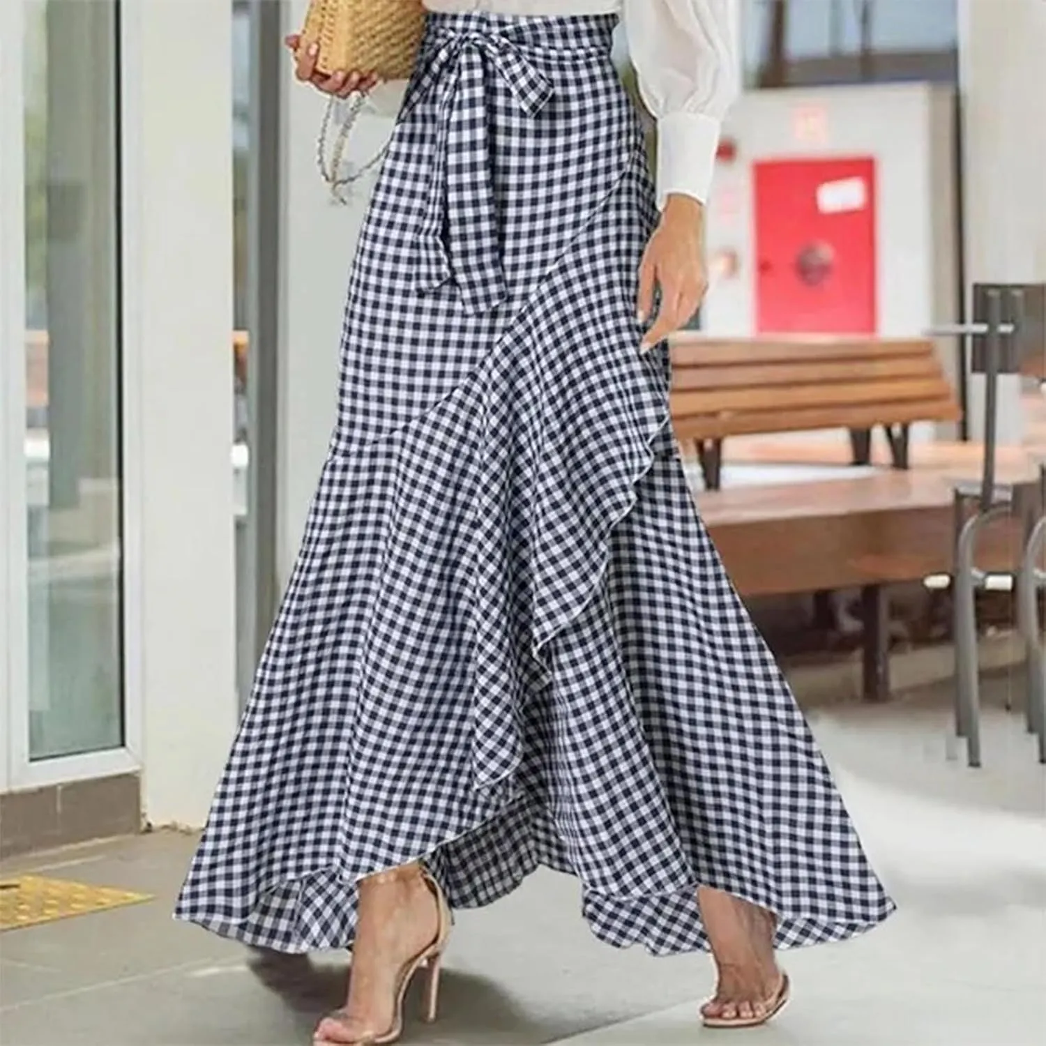 Women's Dressy Plaid Mermaid Maxi Skirt Bowtie High Waist A Line Skirts Flowy Wrap Ruffle Hem Fishtail Long Skirt