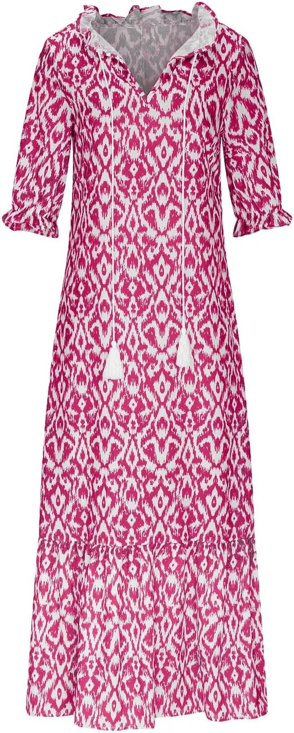 Women's Fashion Boho Summer Long Dress, 2025 Short Sleeve V Neck Tassel Flowy Casual Dresses Beach A-Line Sundress