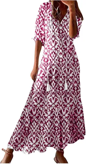 Women's Fashion Boho Summer Long Dress, 2025 Short Sleeve V Neck Tassel Flowy Casual Dresses Beach A-Line Sundress