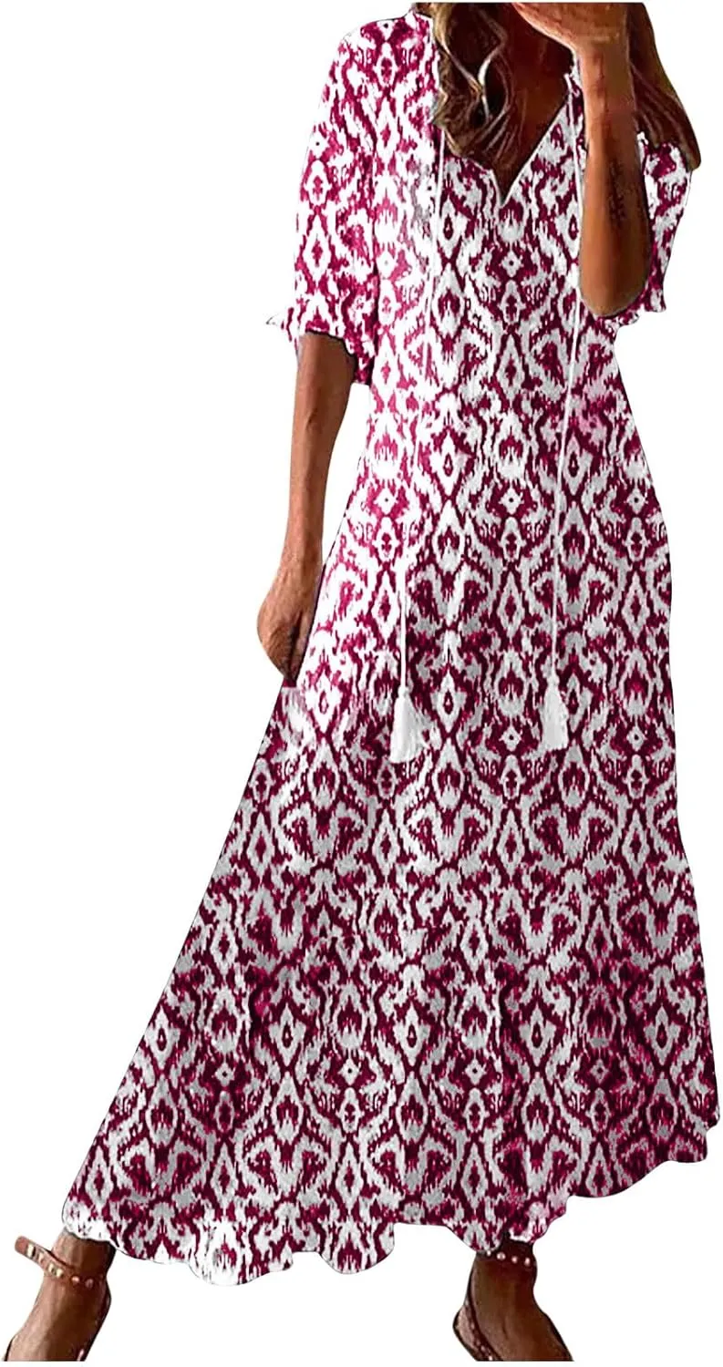 Women's Fashion Boho Summer Long Dress, 2025 Short Sleeve V Neck Tassel Flowy Casual Dresses Beach A-Line Sundress