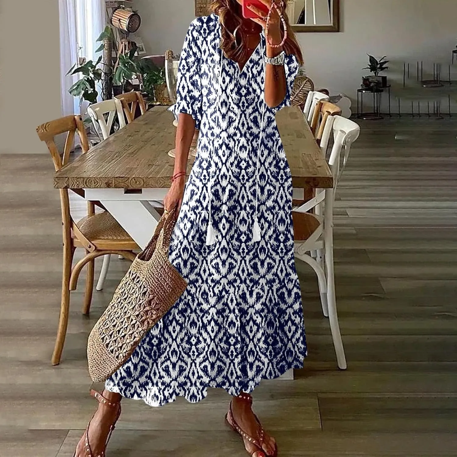 Women's Fashion Boho Summer Long Dress, 2025 Short Sleeve V Neck Tassel Flowy Casual Dresses Beach A-Line Sundress