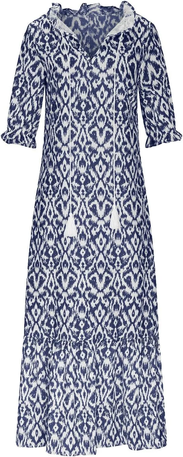 Women's Fashion Boho Summer Long Dress, 2025 Short Sleeve V Neck Tassel Flowy Casual Dresses Beach A-Line Sundress
