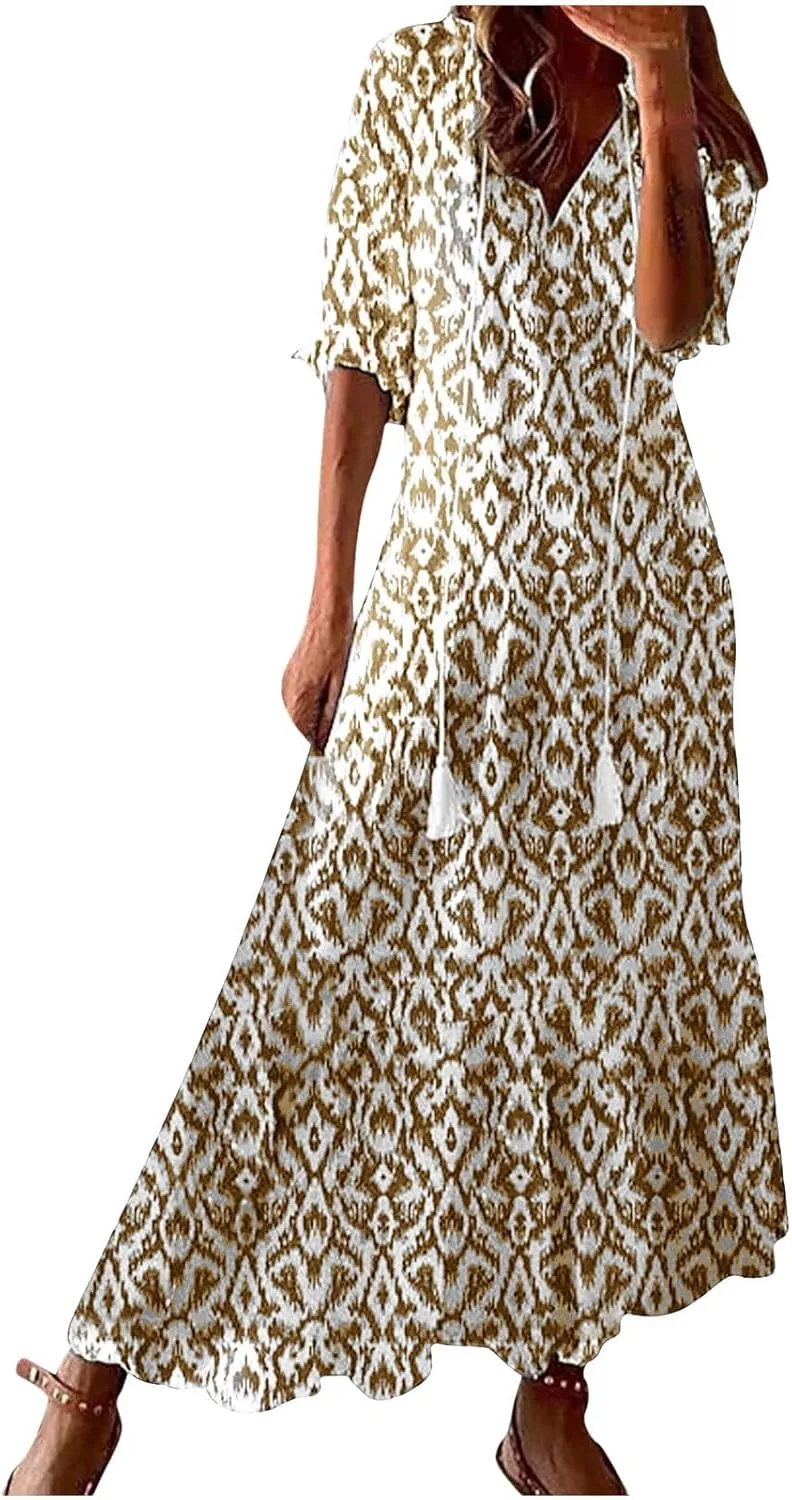 Women's Fashion Boho Summer Long Dress, 2025 Short Sleeve V Neck Tassel Flowy Casual Dresses Beach A-Line Sundress