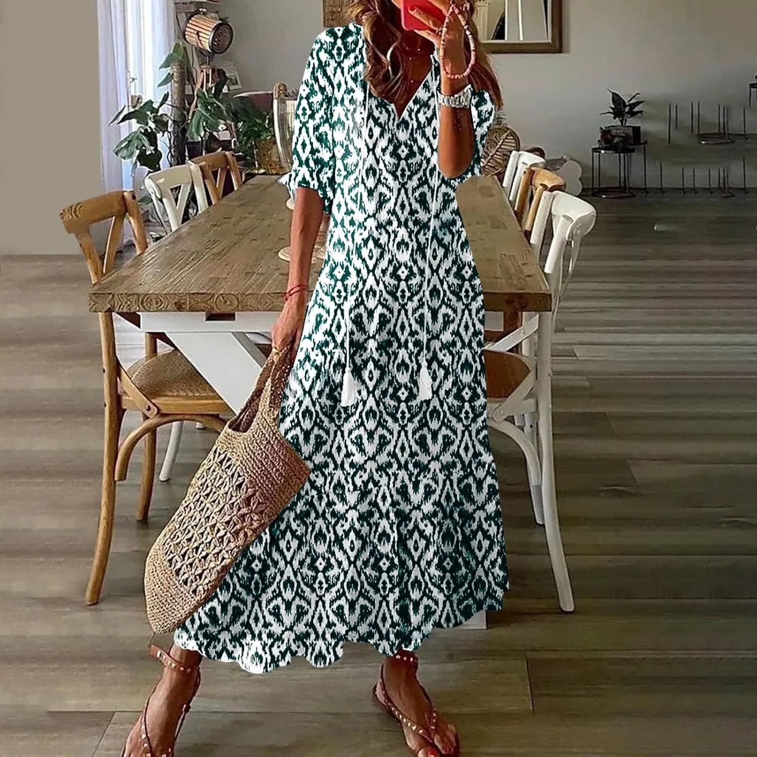 Women's Fashion Boho Summer Long Dress, 2025 Short Sleeve V Neck Tassel Flowy Casual Dresses Beach A-Line Sundress