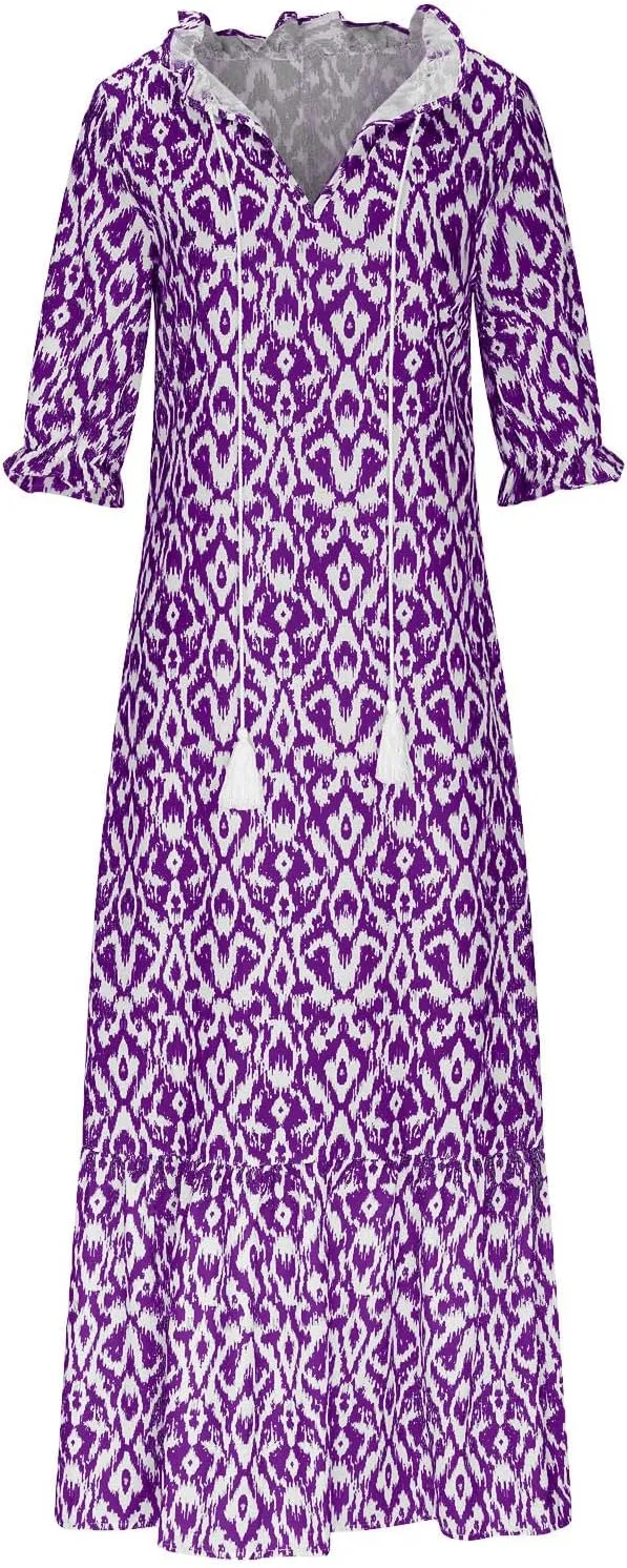 Women's Fashion Boho Summer Long Dress, 2025 Short Sleeve V Neck Tassel Flowy Casual Dresses Beach A-Line Sundress