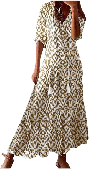 Women's Fashion Boho Summer Long Dress, 2025 Short Sleeve V Neck Tassel Flowy Casual Dresses Beach A-Line Sundress