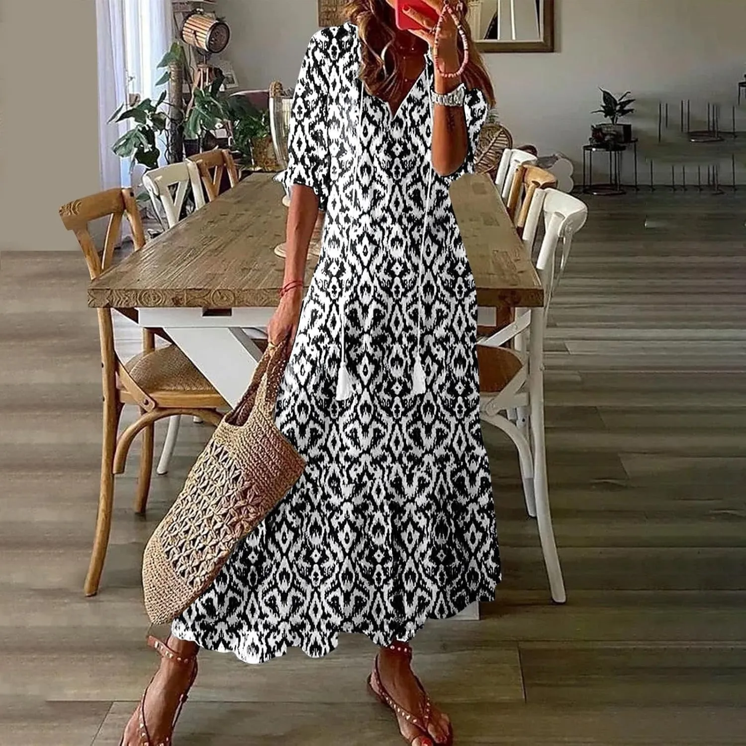 Women's Fashion Boho Summer Long Dress, 2025 Short Sleeve V Neck Tassel Flowy Casual Dresses Beach A-Line Sundress