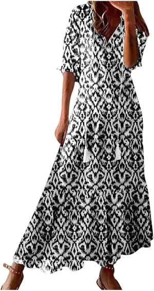 Women's Fashion Boho Summer Long Dress, 2025 Short Sleeve V Neck Tassel Flowy Casual Dresses Beach A-Line Sundress