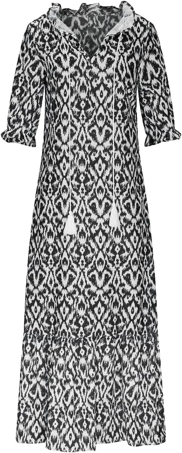 Women's Fashion Boho Summer Long Dress, 2025 Short Sleeve V Neck Tassel Flowy Casual Dresses Beach A-Line Sundress