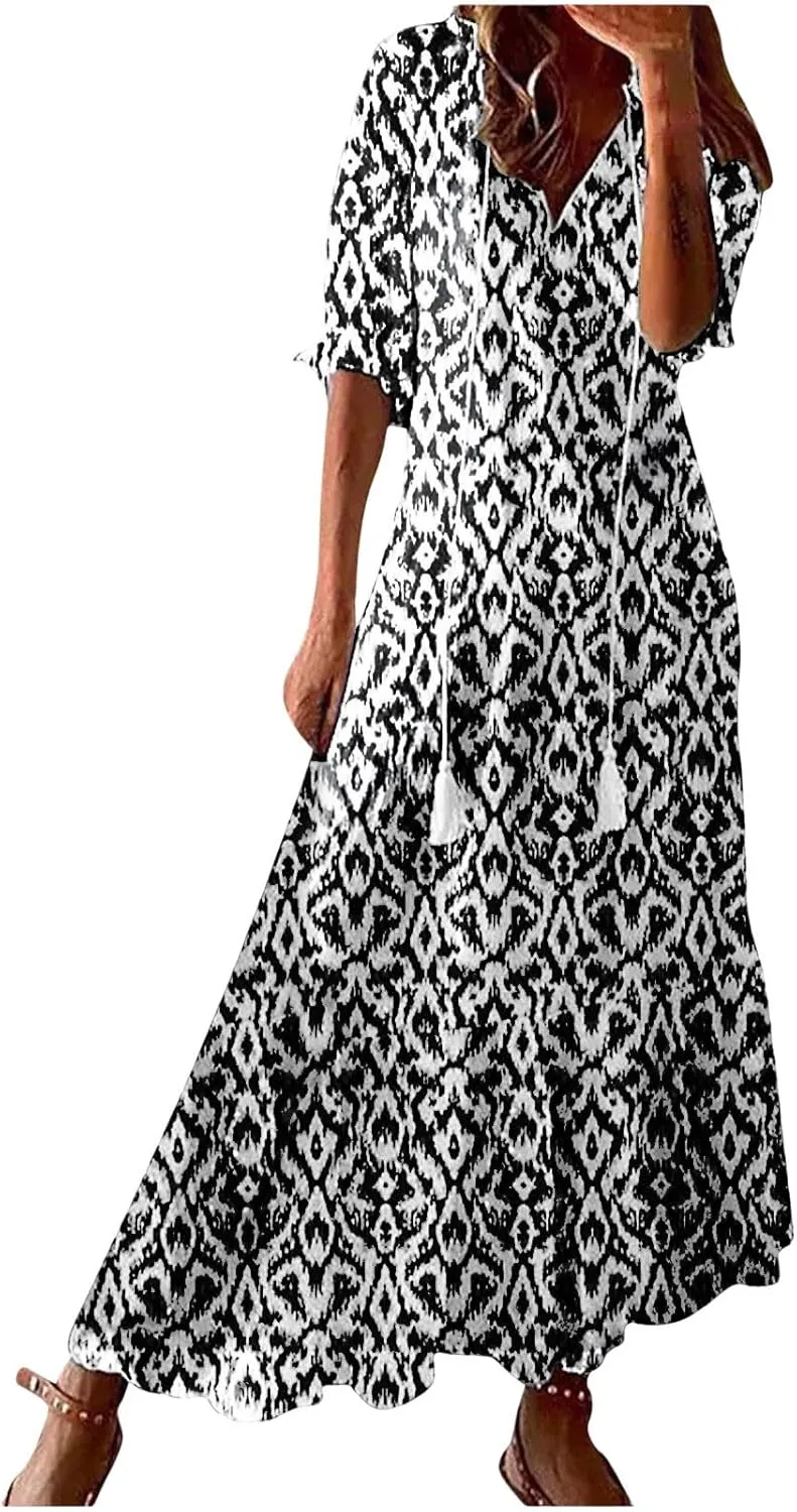 Women's Fashion Boho Summer Long Dress, 2025 Short Sleeve V Neck Tassel Flowy Casual Dresses Beach A-Line Sundress