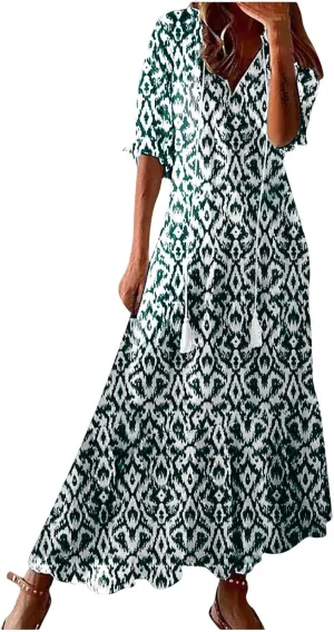 Women's Fashion Boho Summer Long Dress, 2025 Short Sleeve V Neck Tassel Flowy Casual Dresses Beach A-Line Sundress